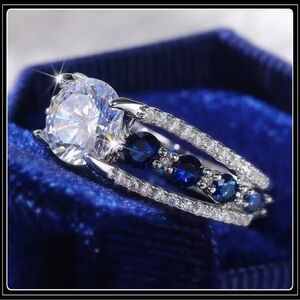 New 925 silver round solitaire pave simulated diamond blue sapphire ring